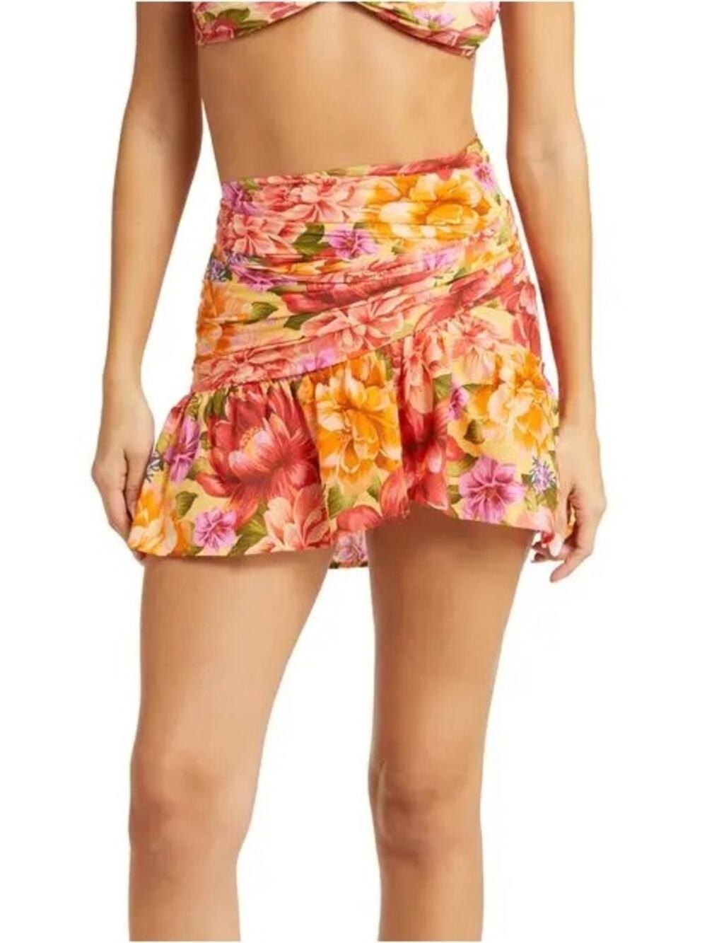 FARM Rio Lia Pink Orange Yellow Floral Ruffled Swim Coverup Skirt Small